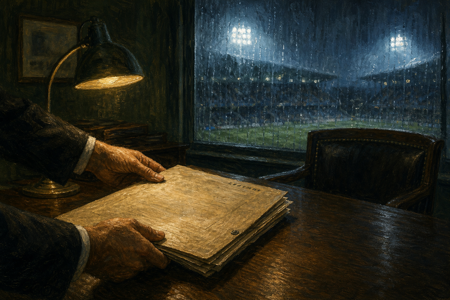 Cropped hands place an expiring football registration folder on a boardroom table while rain falls outside a floodlit generic stadium.