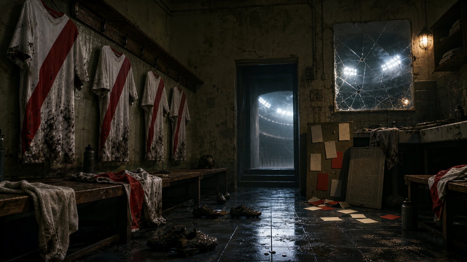 An empty dressing room with generic white and red kits after a decisive relegation match.