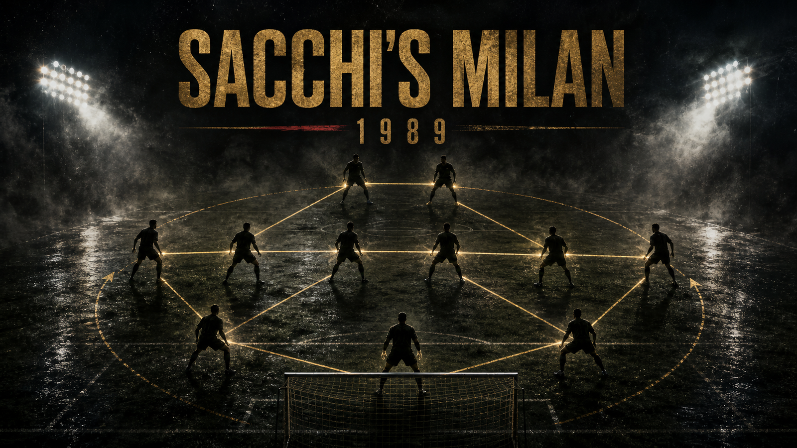 Wide cinematic poster for Sacchi's Milan with eleven figures in a compact block and the text SACCHI'S MILAN 1989.