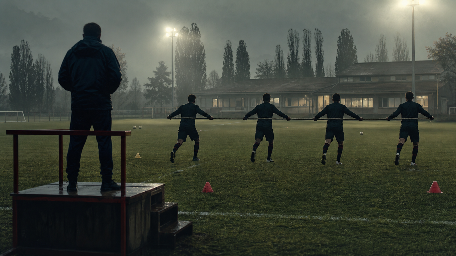 Wide cinematic Milanello training-ground scene with four anonymous defenders holding a rope and stepping forward in unison.