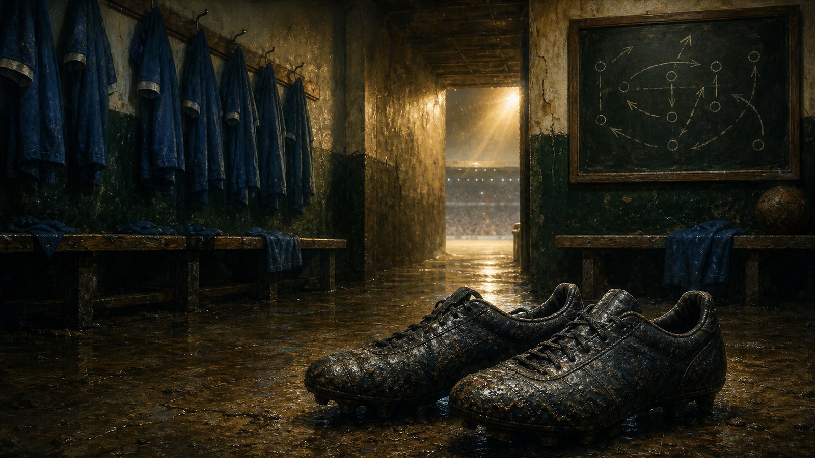 A cramped Italian dressing room with blue shirts and a chalkboard evokes Sampdoria's 1991 system.