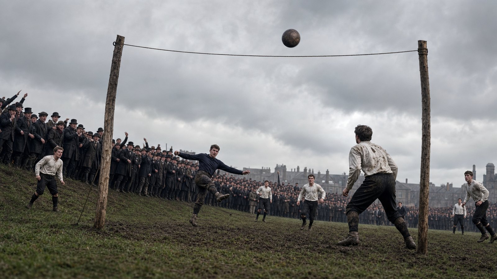 A shot rising over the tape between the goalposts at Hamilton Crescent in 1872