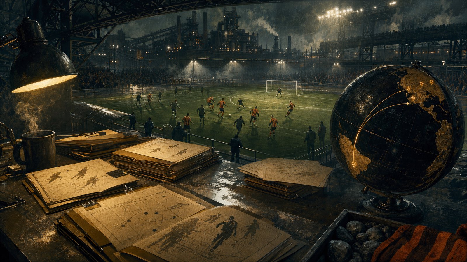 A recruitment-map inspired Shakhtar scene linking Brazil, Ukraine, and a floodlit training pitch