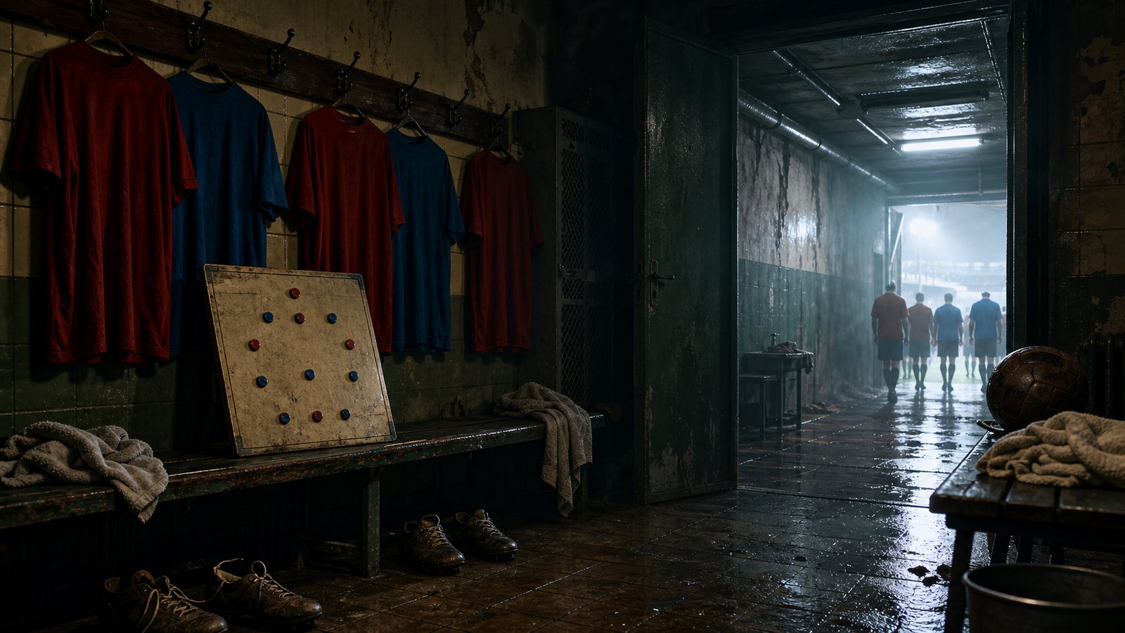 A moody 1980s dressing room and tunnel scene with red-and-blue shirts and a blank tactical board before a European final