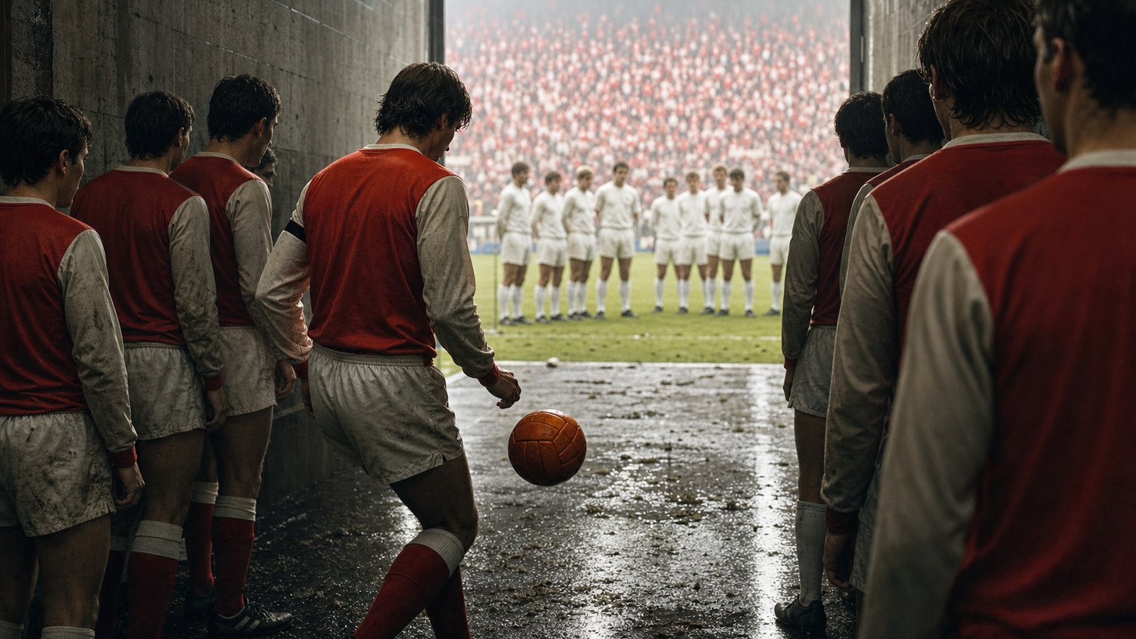 A tense fictional 1970s cup-final tunnel with red-and-white underdogs approaching the stadium light