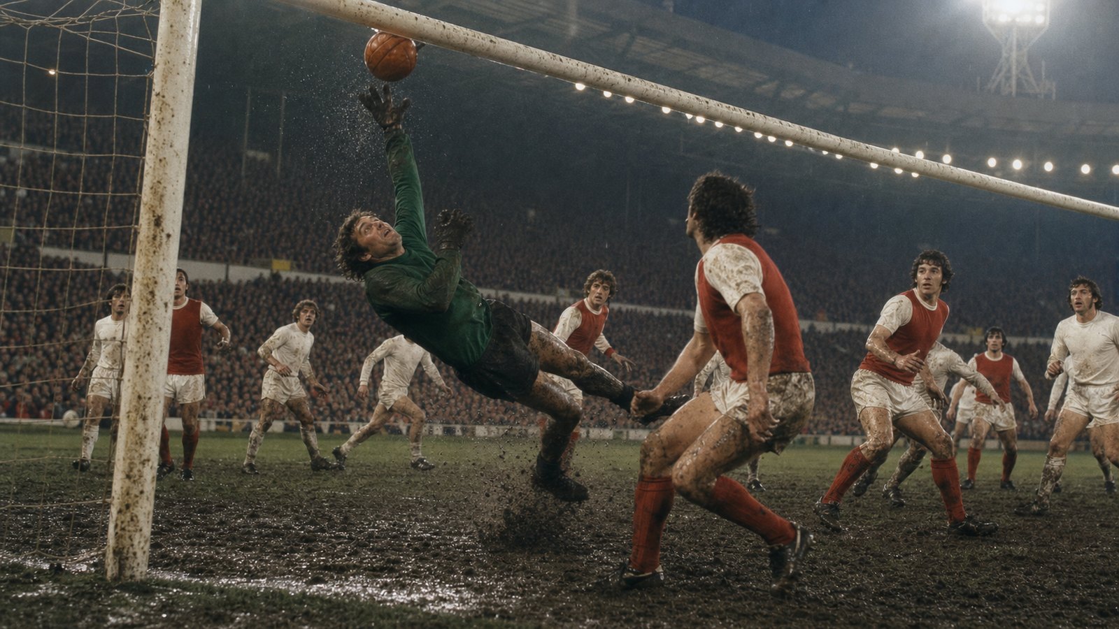 A fictional goalkeeper in green reacting beneath the crossbar in a muddy 1970s Wembley goalmouth