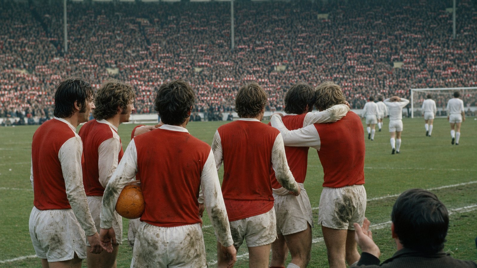 Fictional red-and-white underdogs celebrating at the final whistle as their manager runs onto the pitch