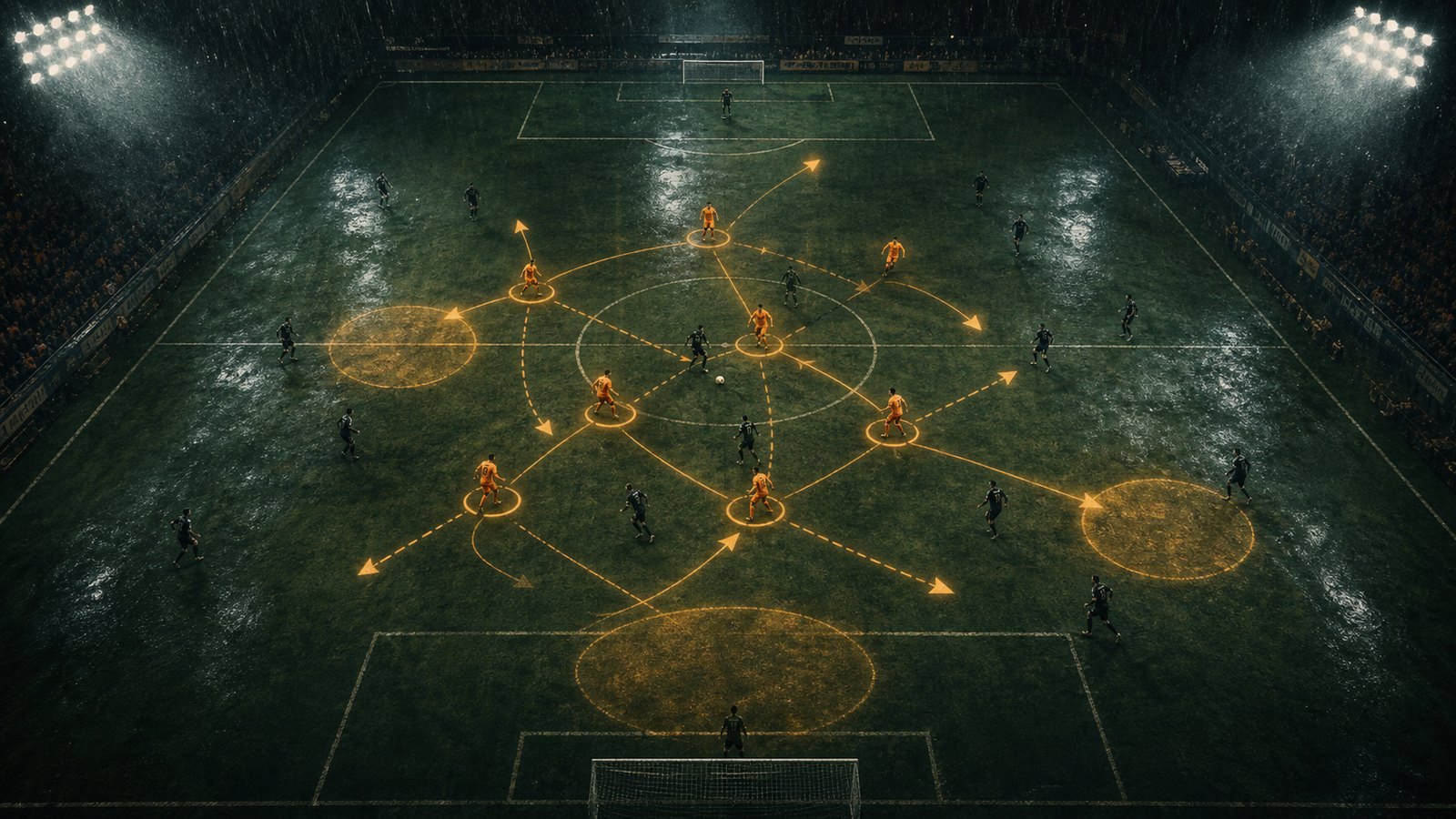 Orange players pressing together on a pitch with light arrows and dark opponents pulled out of shape.