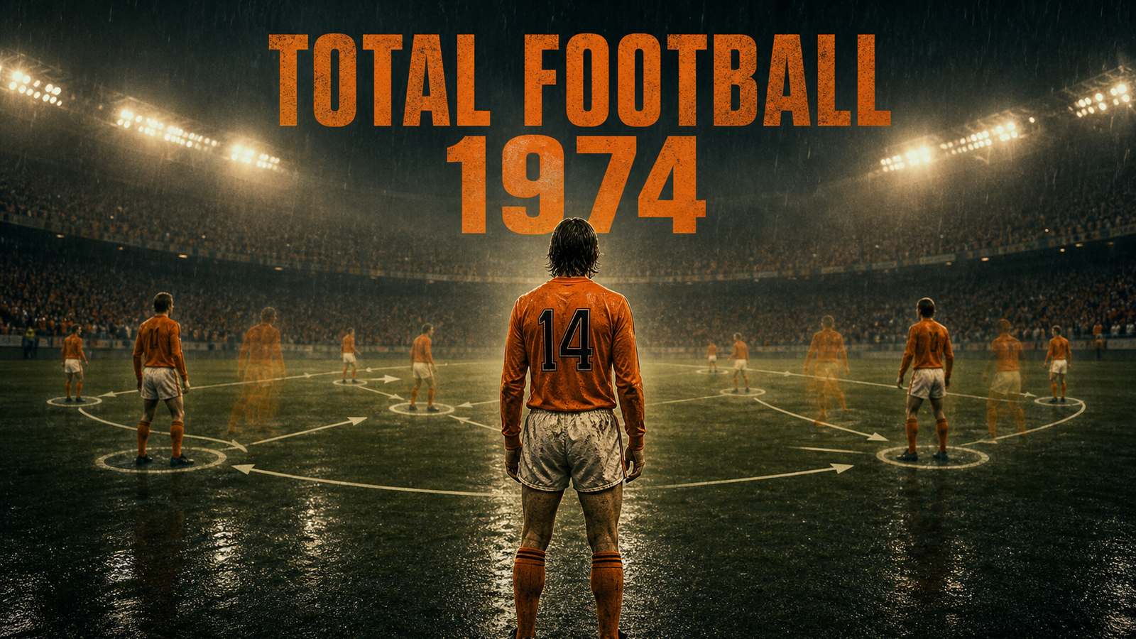 Wide cinematic Total Football 1974 poster with anonymous number 14 figure and disciplined rotations.