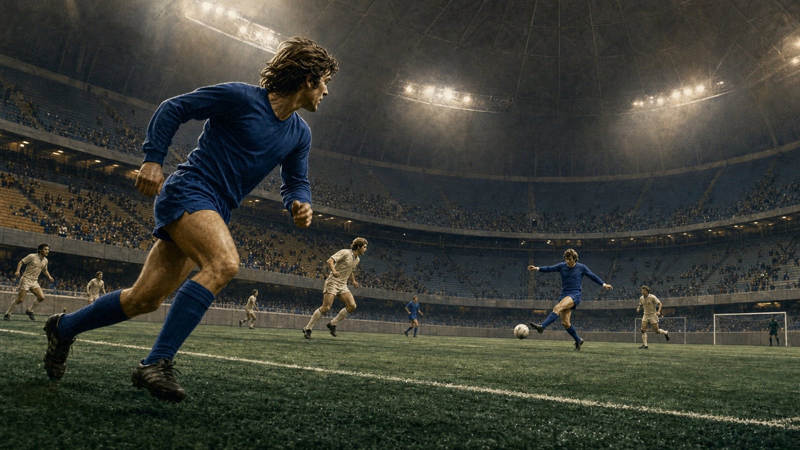 A fictional late-1970s English football training session under winter floodlights with an unbranded fast forward working from the right channel
