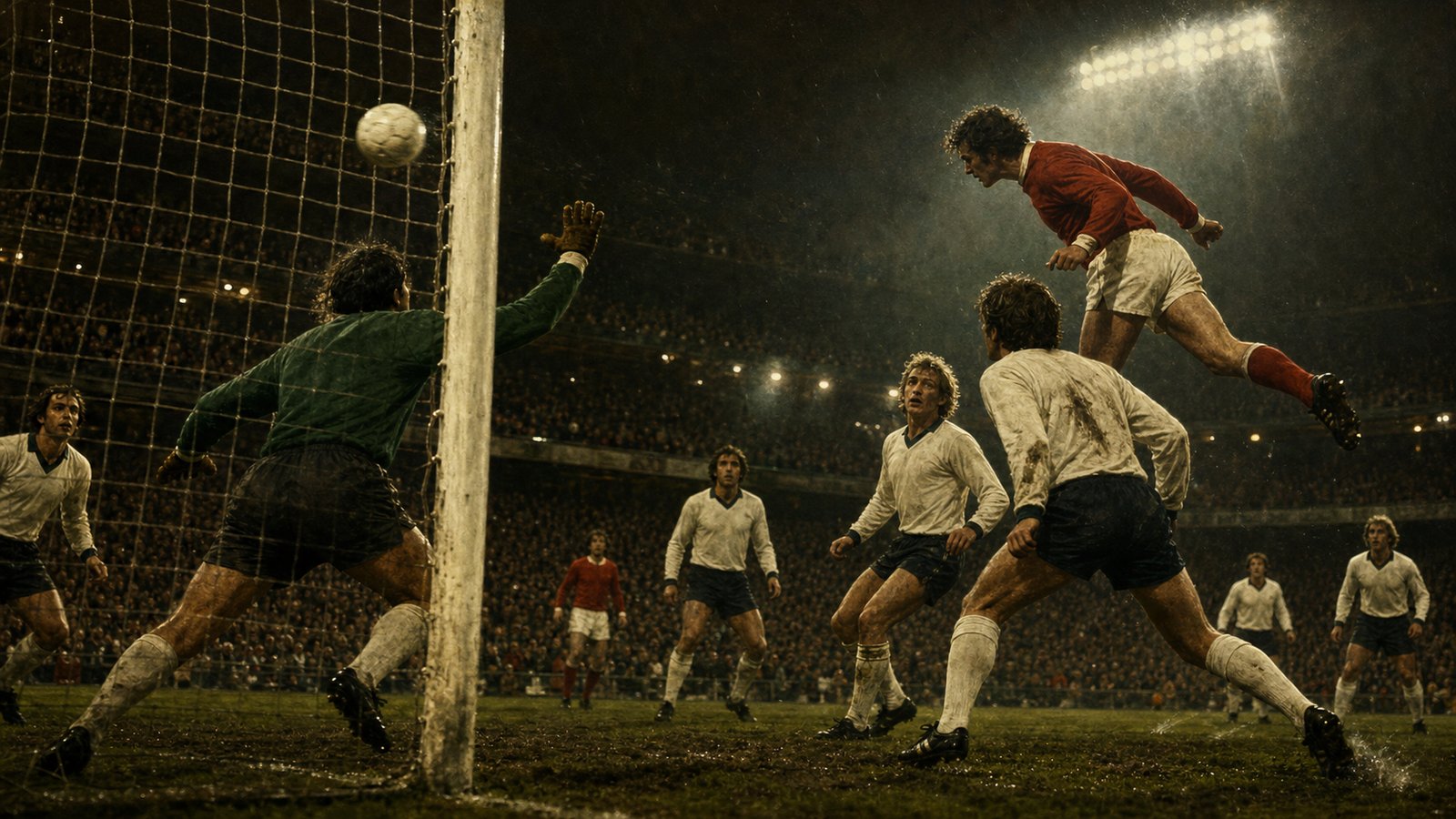 A fictional unbranded European final under 1979 floodlights as a red-shirted attacker heads a cross at the far post