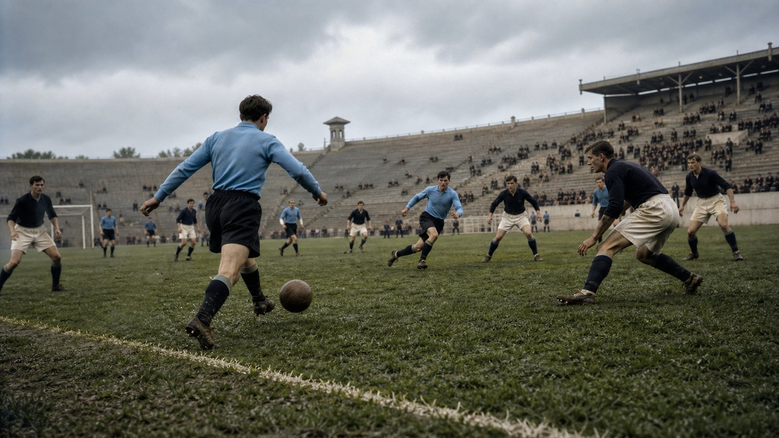 Uruguay players in plain sky-blue shirts attacking during an early 1920s football match in Paris