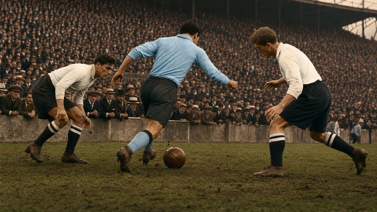 A generic Uruguayan half-back evades pressure during the 1924 Olympic tournament