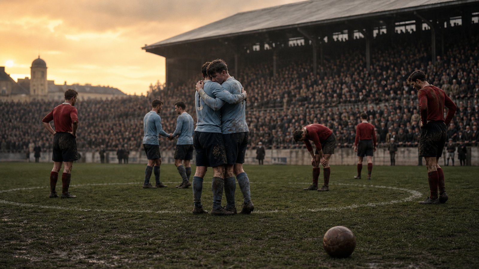 Uruguay players embrace after the 1924 Olympic football final at Colombes