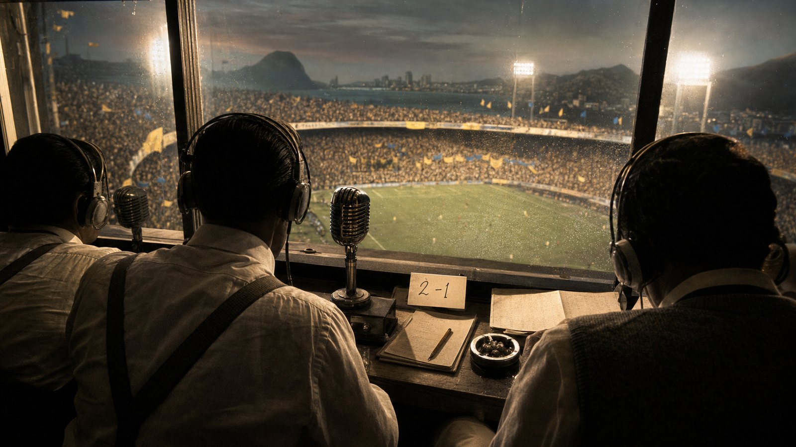An old radio booth and tactical papers overlook a packed Rio stadium during the Maracanazo.