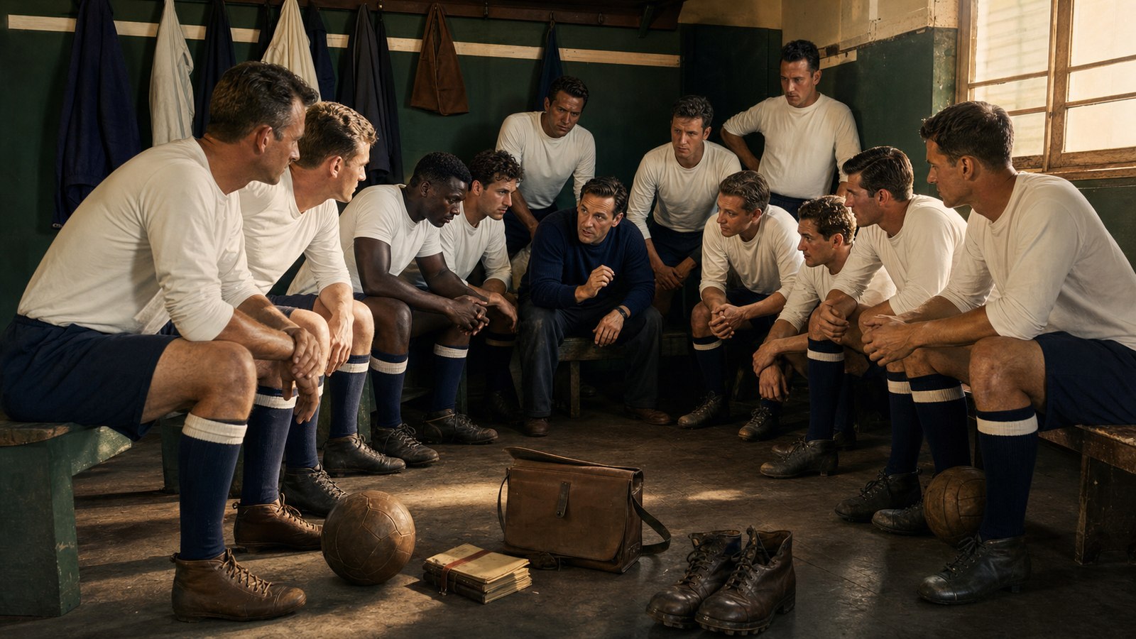 An improvised United States squad preparing in a modest 1950 World Cup dressing room
