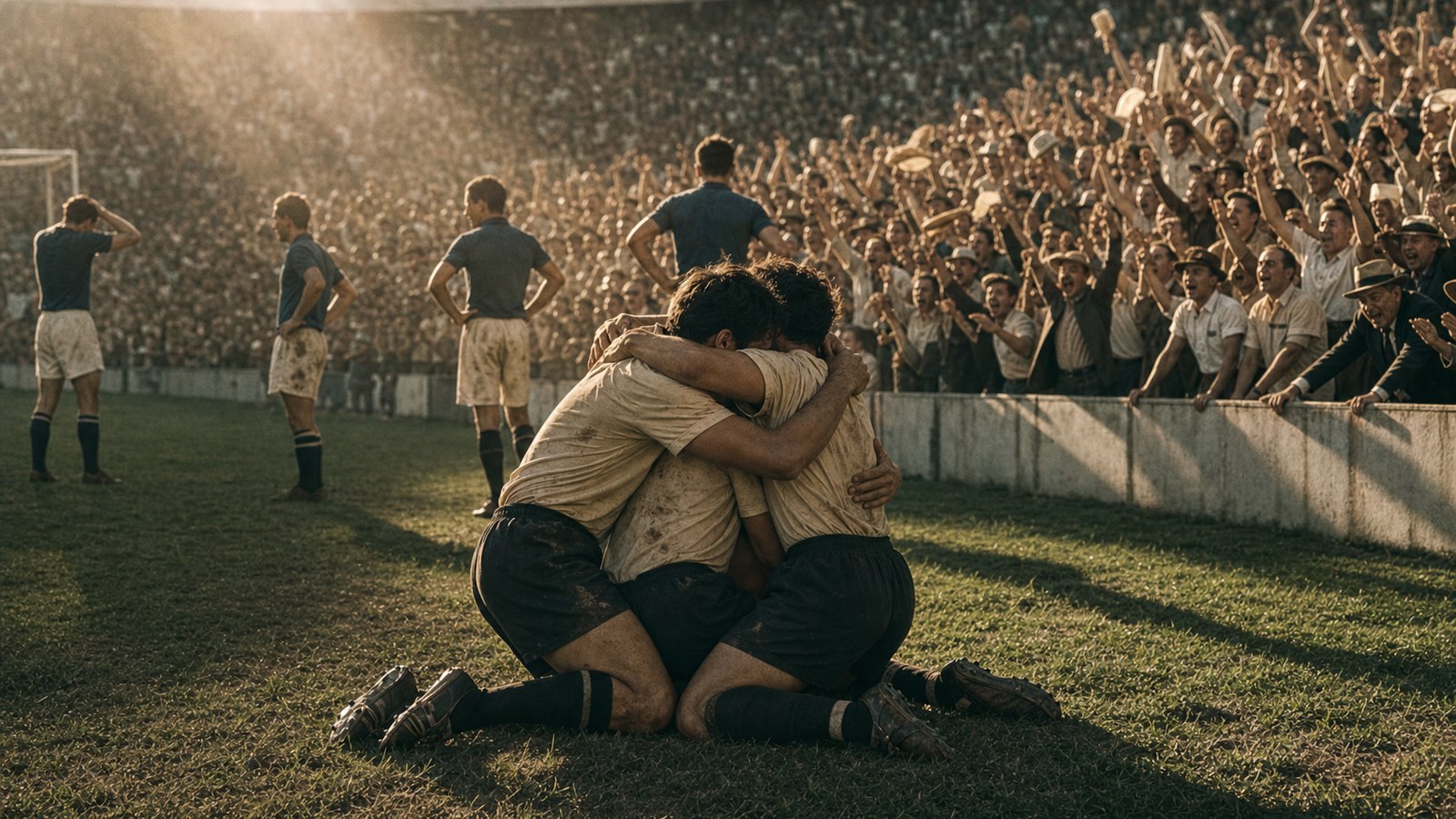 American players and Brazilian supporters celebrating the final whistle in 1950