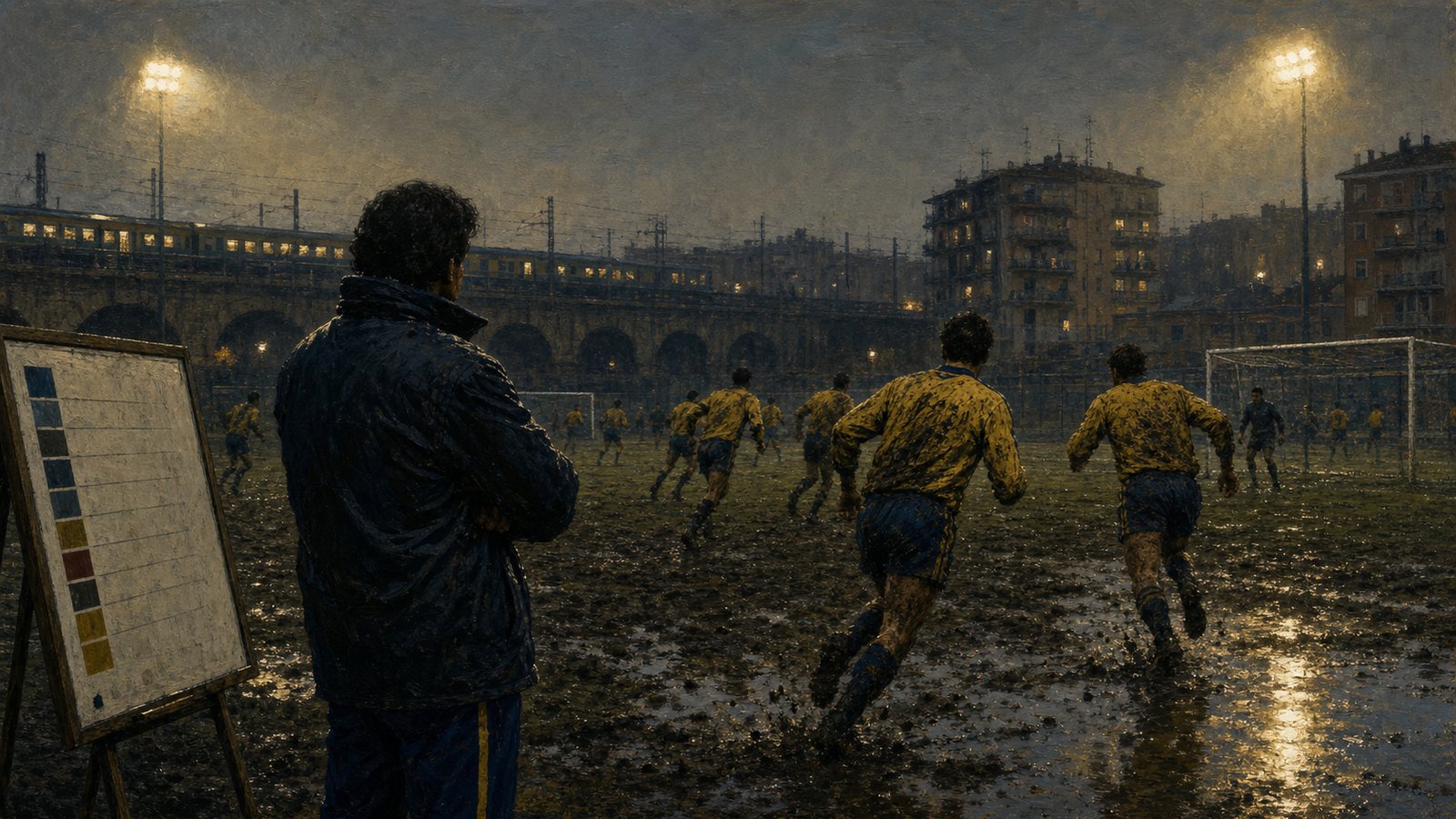 1980s Italian training pitch with yellow-and-blue players sprinting through mud under floodlights
