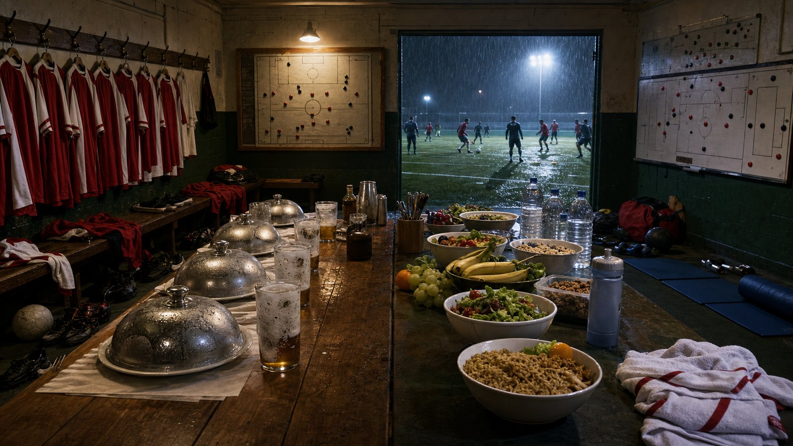 A dressing-room table contrasts old football habits with nutrition bowls, scouting maps, and modern training tools.