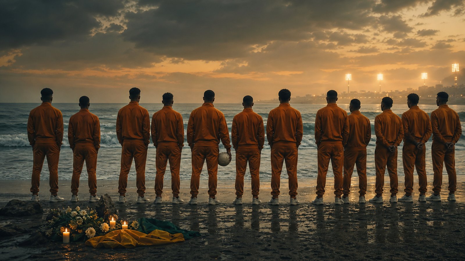 Zambian footballers in a quiet beachside remembrance near Libreville