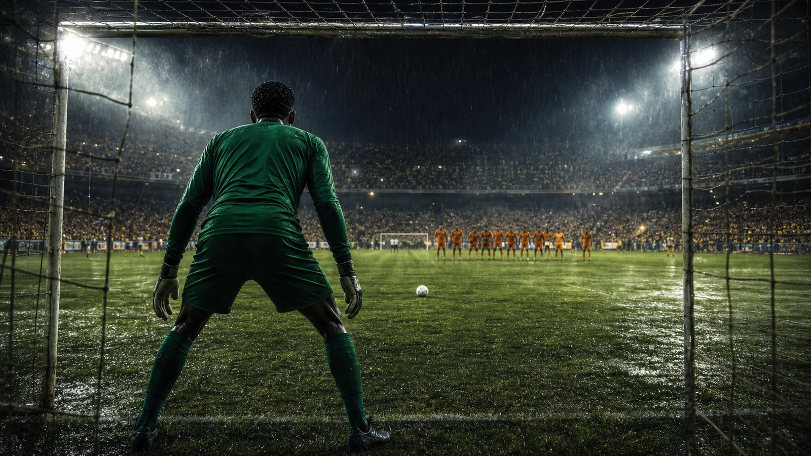 Goalkeeper facing a long penalty shootout under stadium floodlights
