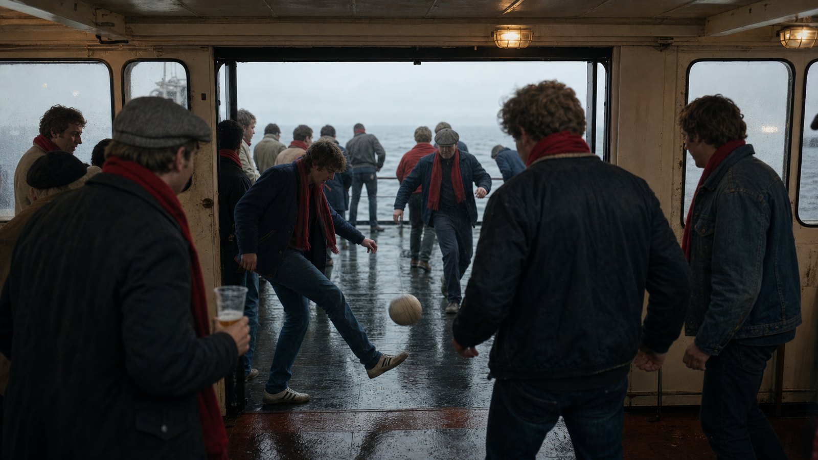 Aberdeen supporters in plain red scarves aboard a crowded North Sea ferry bound for Gothenburg in 1983