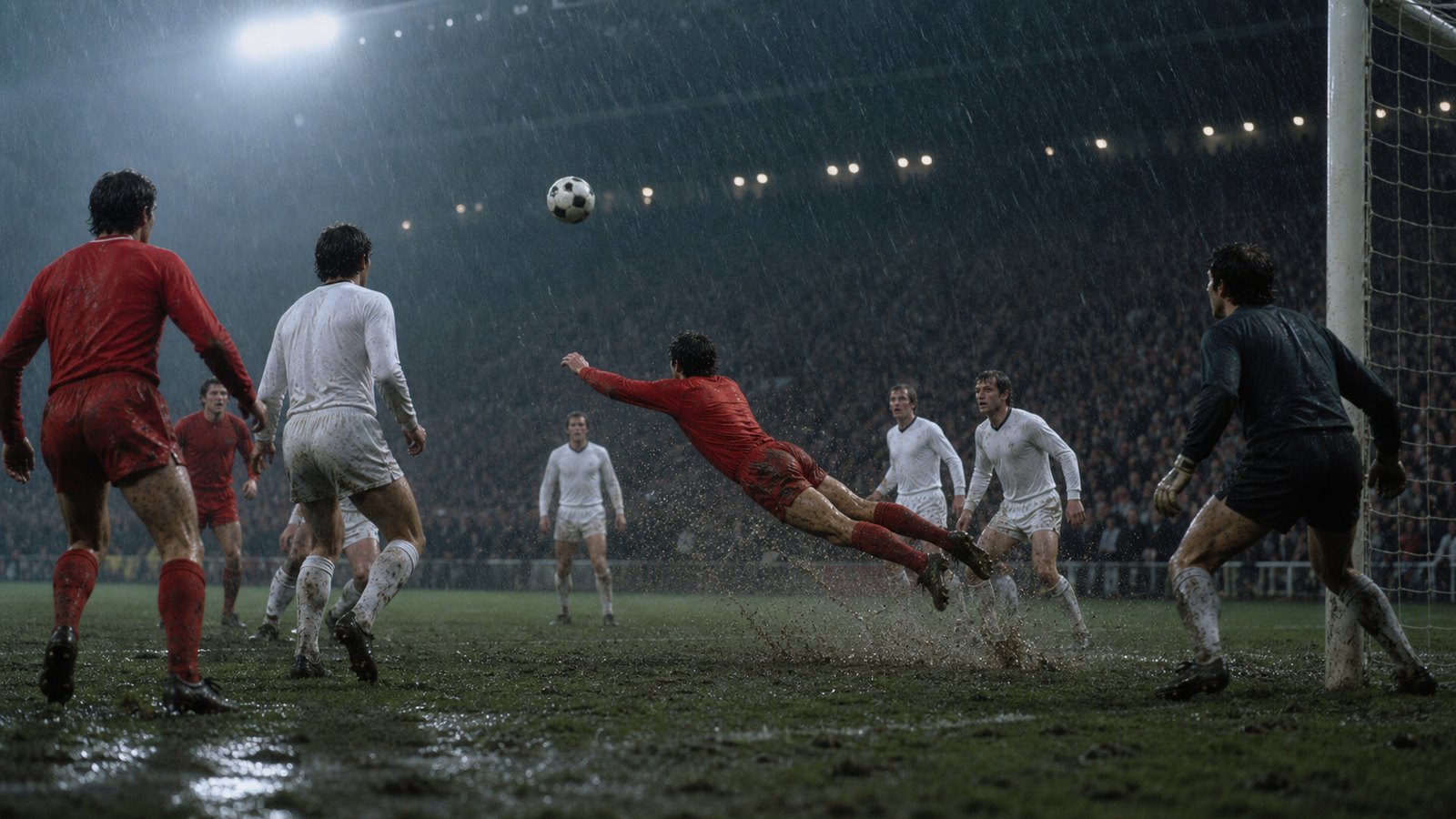 Anonymous footballers in plain red and white kits contesting the 1983 Gothenburg final on a rain-soaked pitch