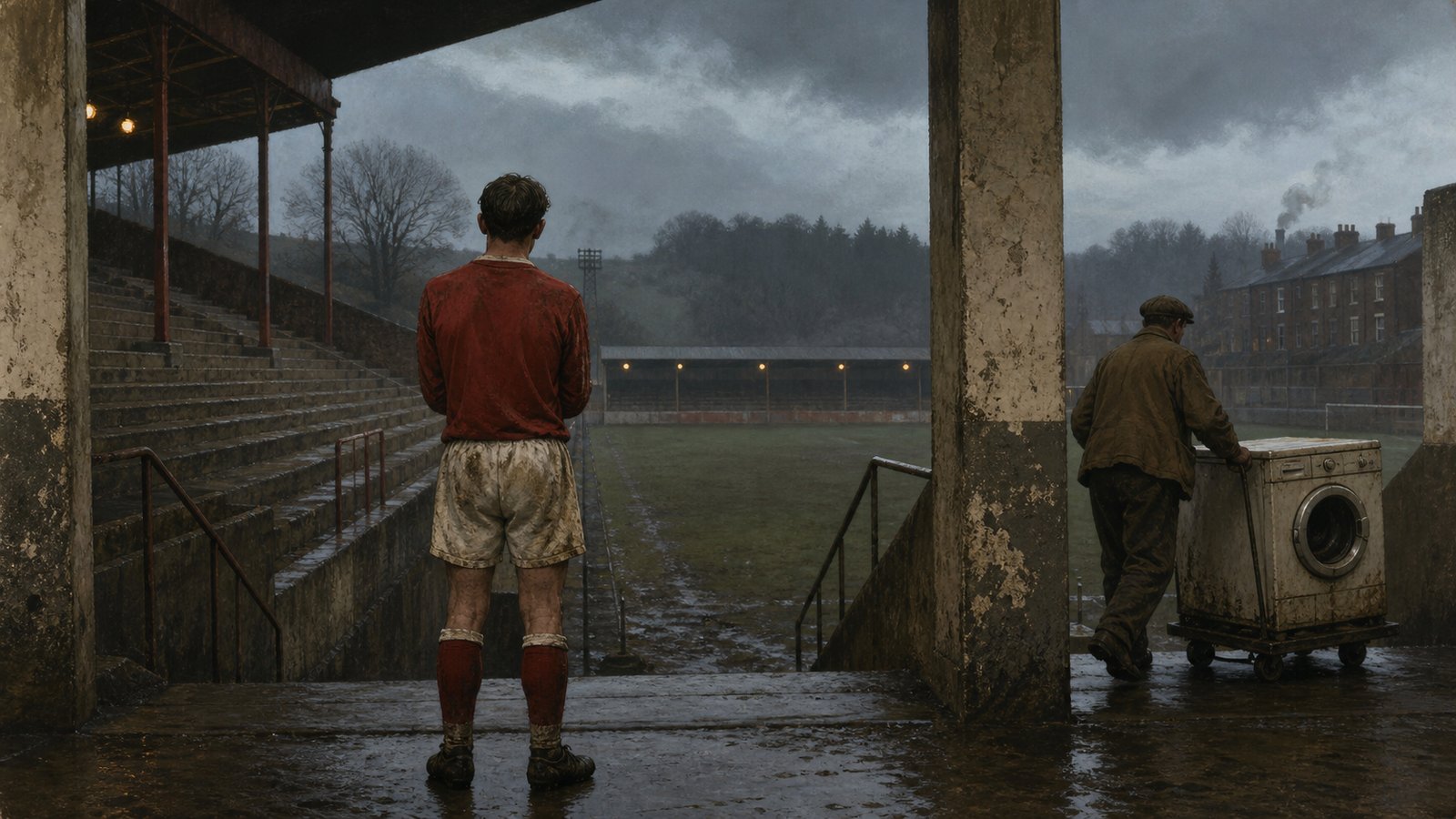 A player watches an empty 1962 football ground while a worker wheels away the club washing machine