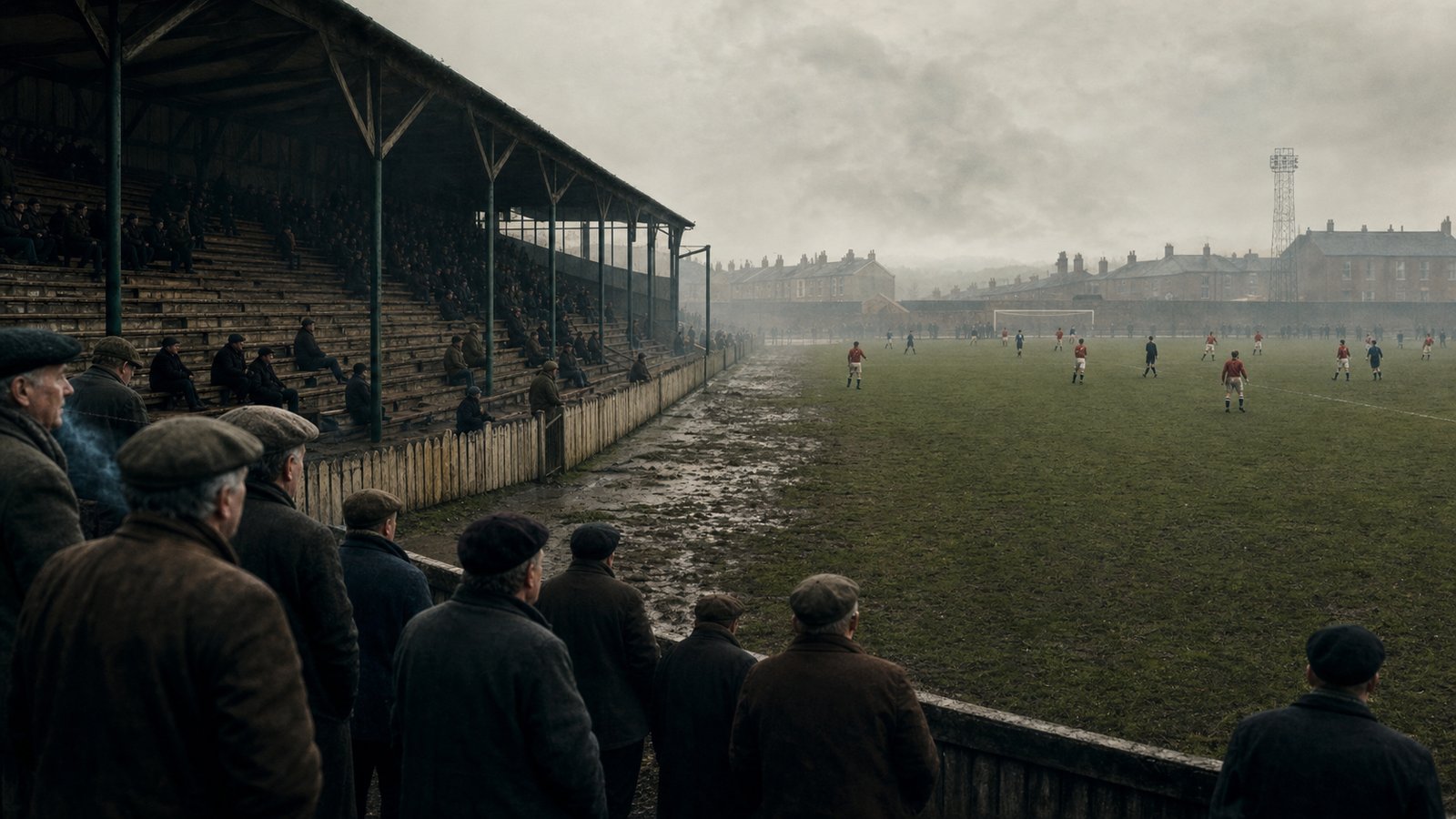 A cold early-1960s crowd stands beneath the old Peel Park grandstand during a struggling lower-division match