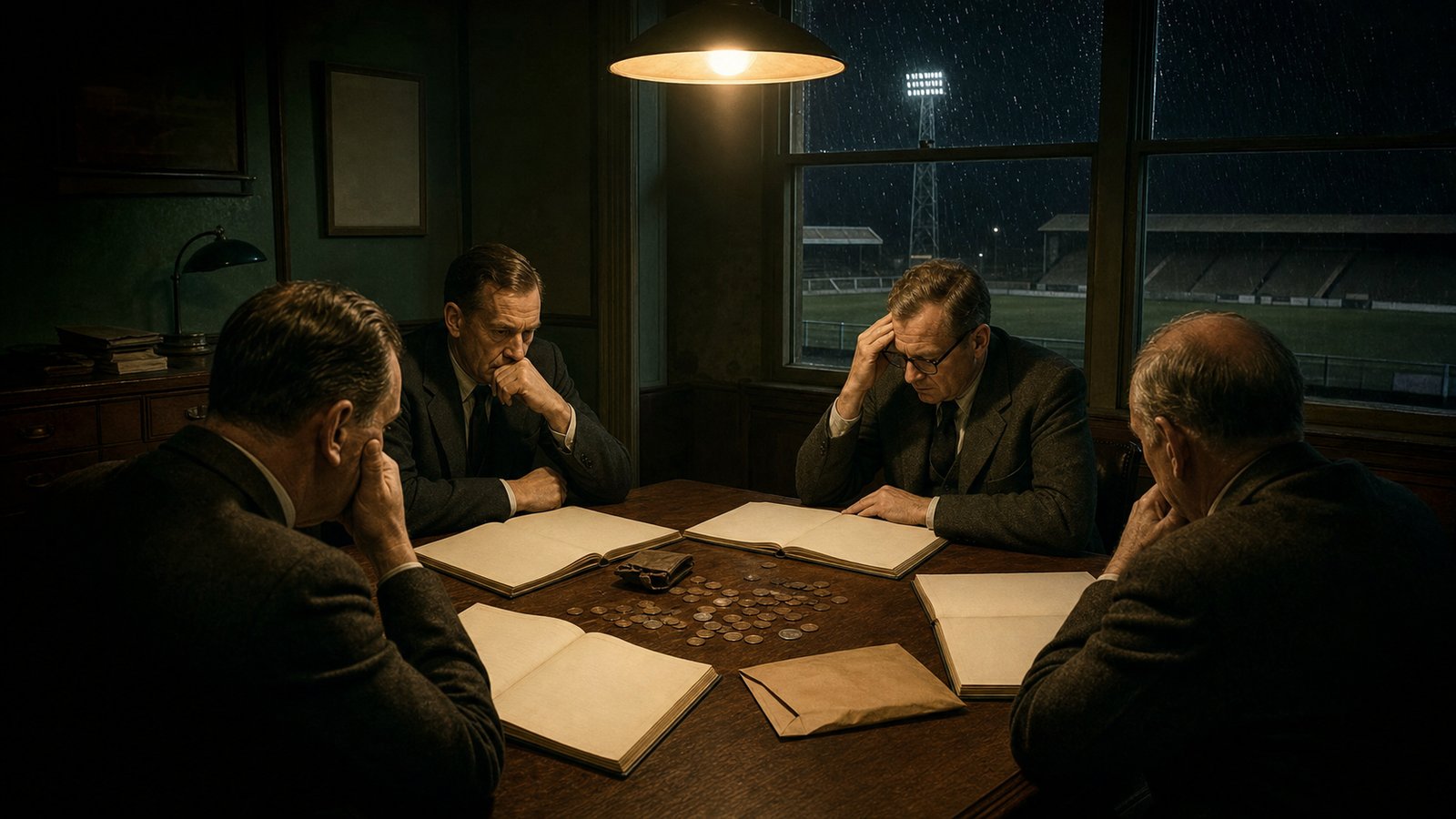 Club directors study ledgers and a utility bill in a modest football boardroom on the night before resignation