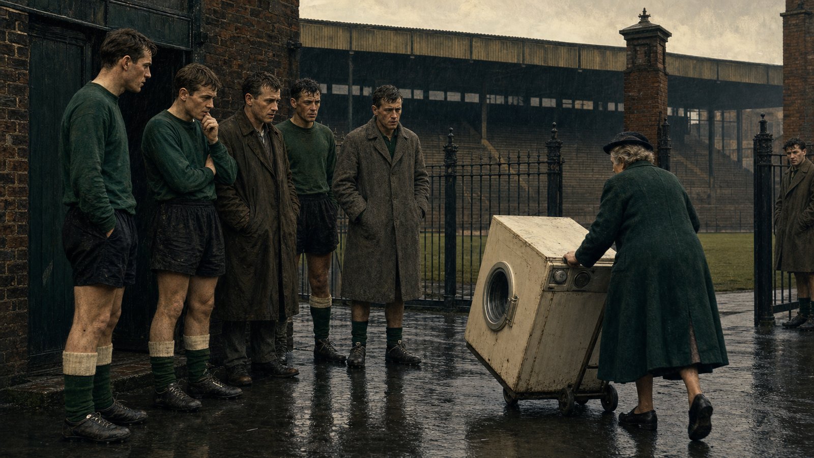 Players in plain 1962 training wear gather beside a departing washing machine outside an empty football ground