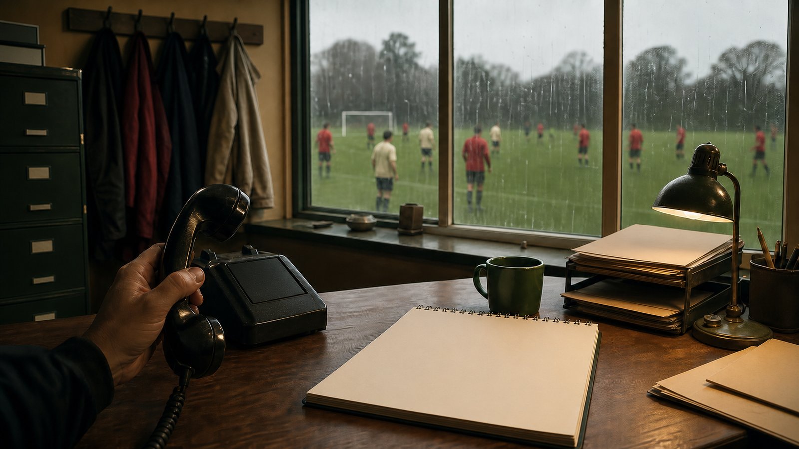 A 1990s football manager receives a telephone recommendation in a cramped stadium office