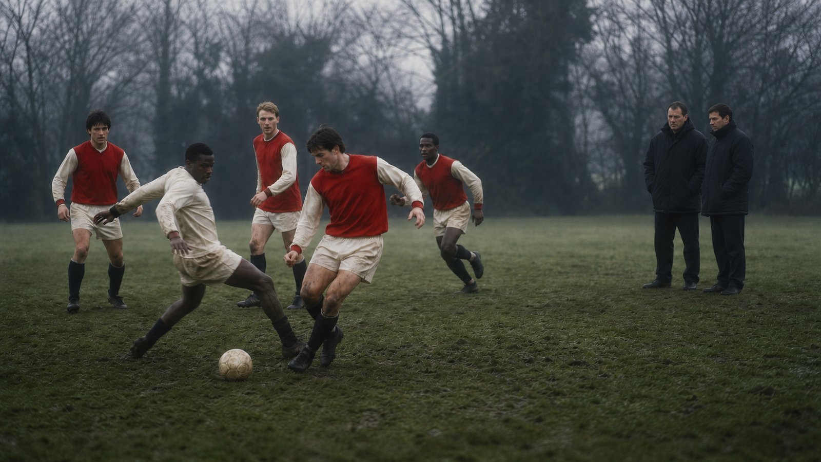 A trialist trains with a small injury-depleted squad on a wet English practice pitch