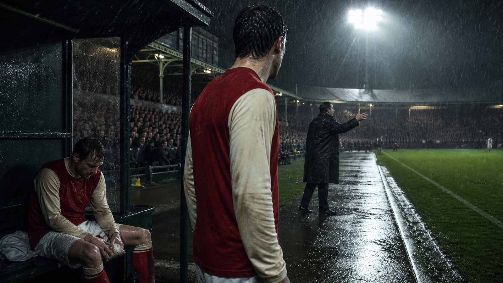 An emergency substitute waits beside the dugout during a 1996 Premier League match