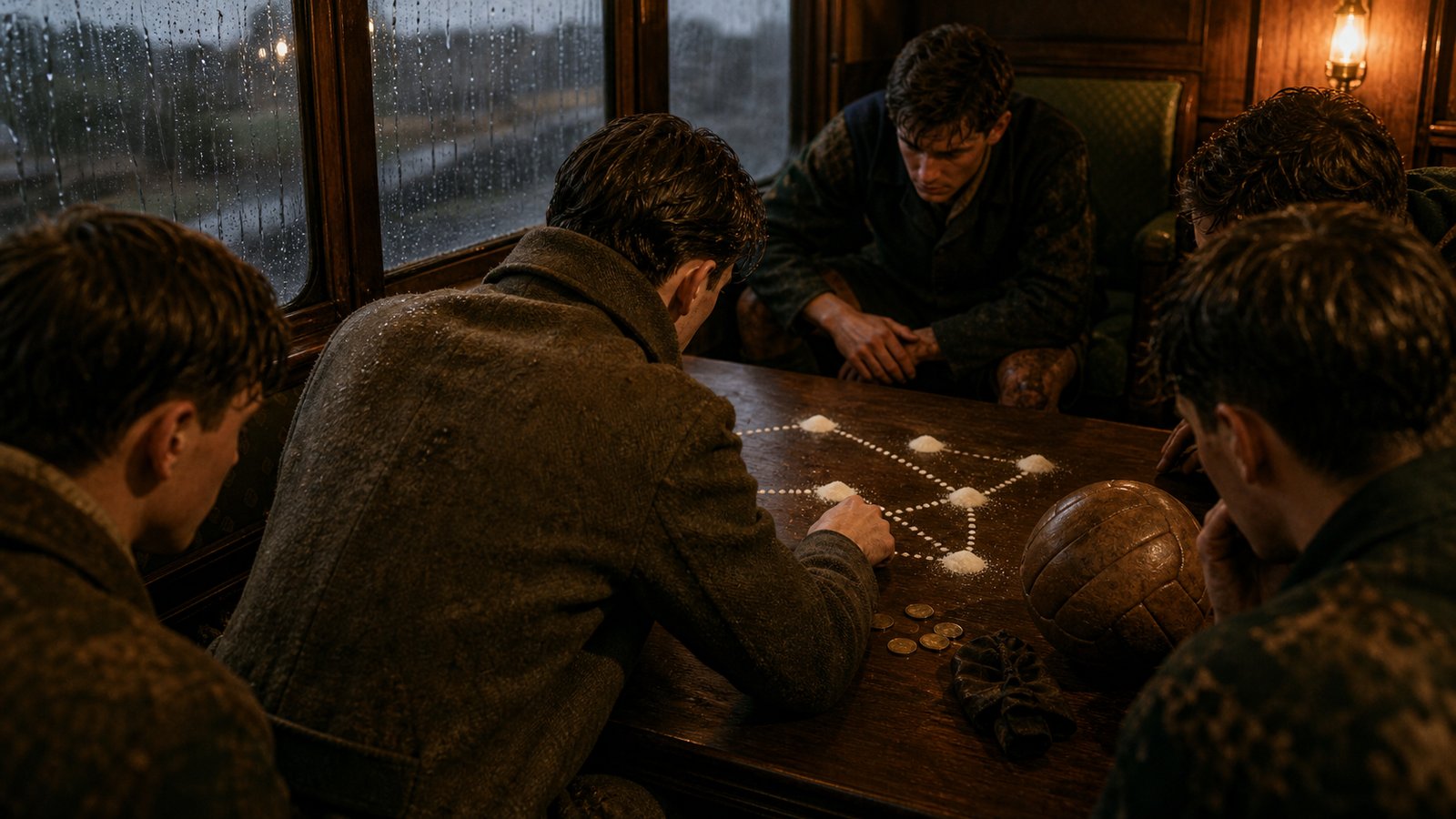 Arthur Rowe tracing a seven-pass Tottenham move with sugar on a railway compartment table in 1936
