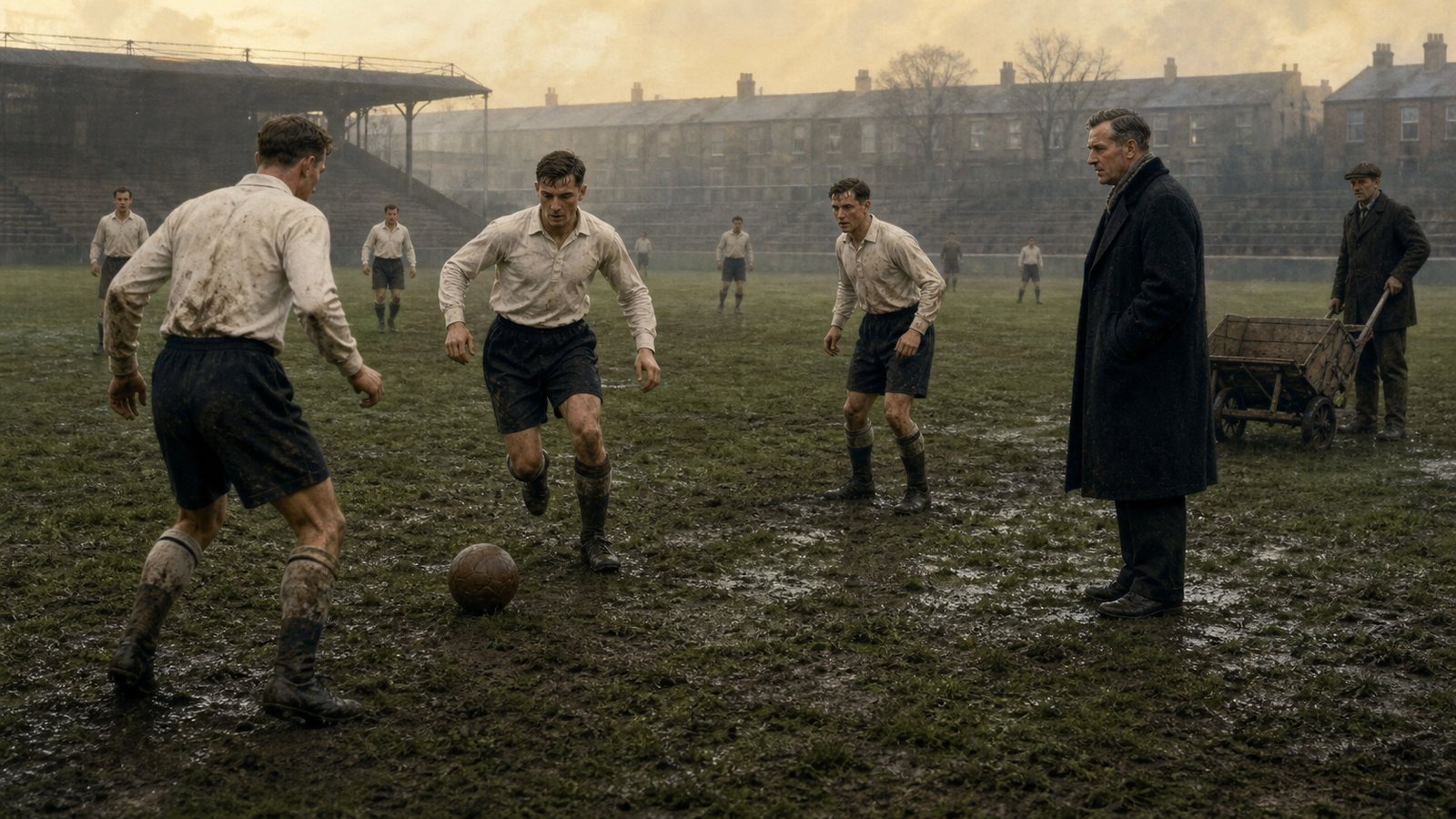Tottenham players exchanging quick passes across a muddy White Hart Lane pitch during the 1951 title season