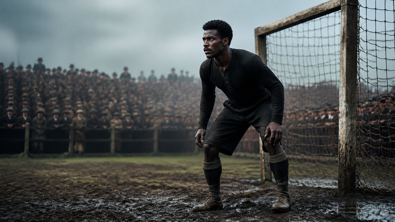Arthur Wharton-inspired Victorian goalkeeper beside a wooden goal