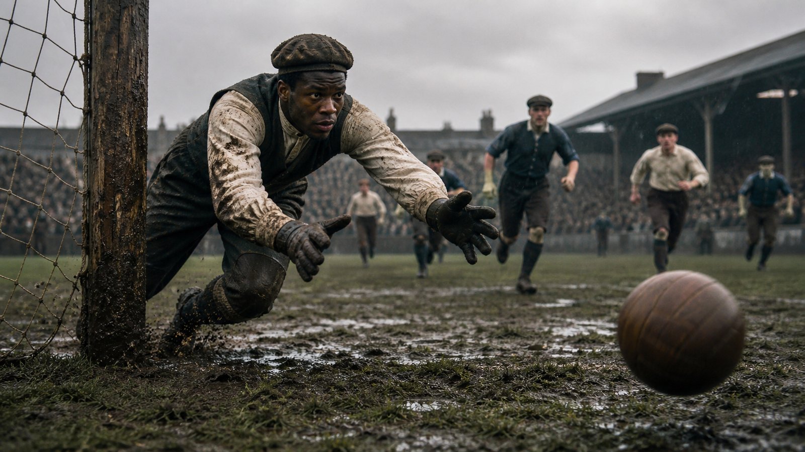 Arthur Wharton-inspired goalkeeper preparing to rush from beside a wooden goalpost