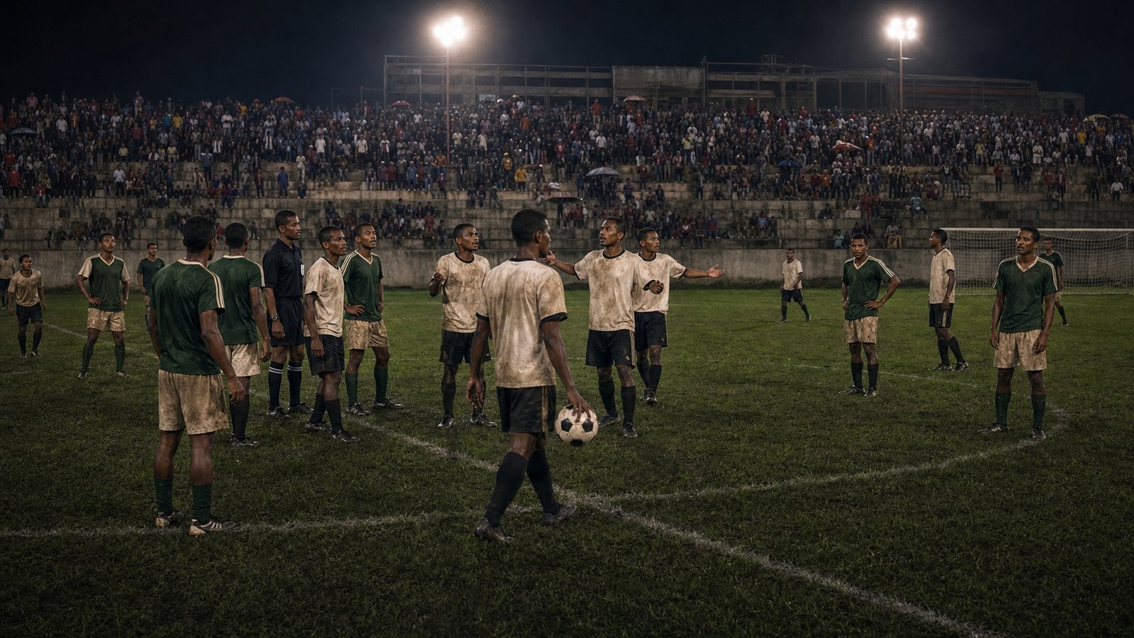 Generic footballers return the ball to the centre circle during a coordinated protest match