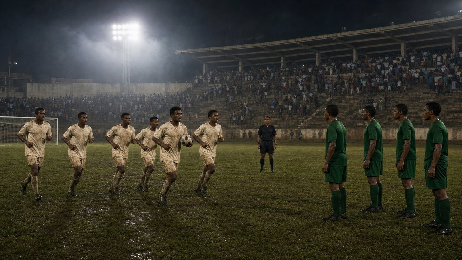 Generic footballers repeatedly returning a ball to the centre circle in a Malagasy stadium