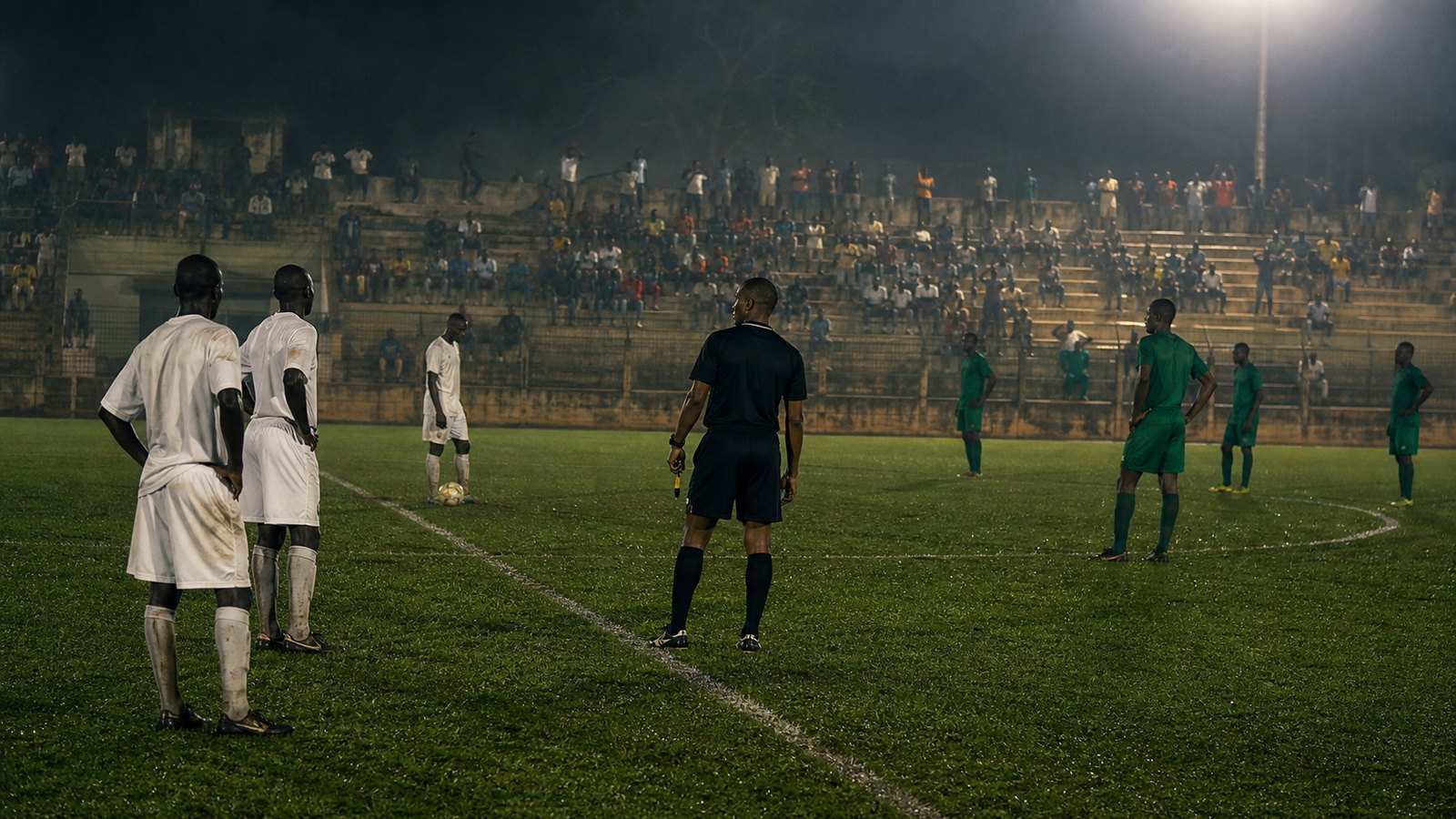 A referee stands near midfield as plain-kit players wait after another own goal