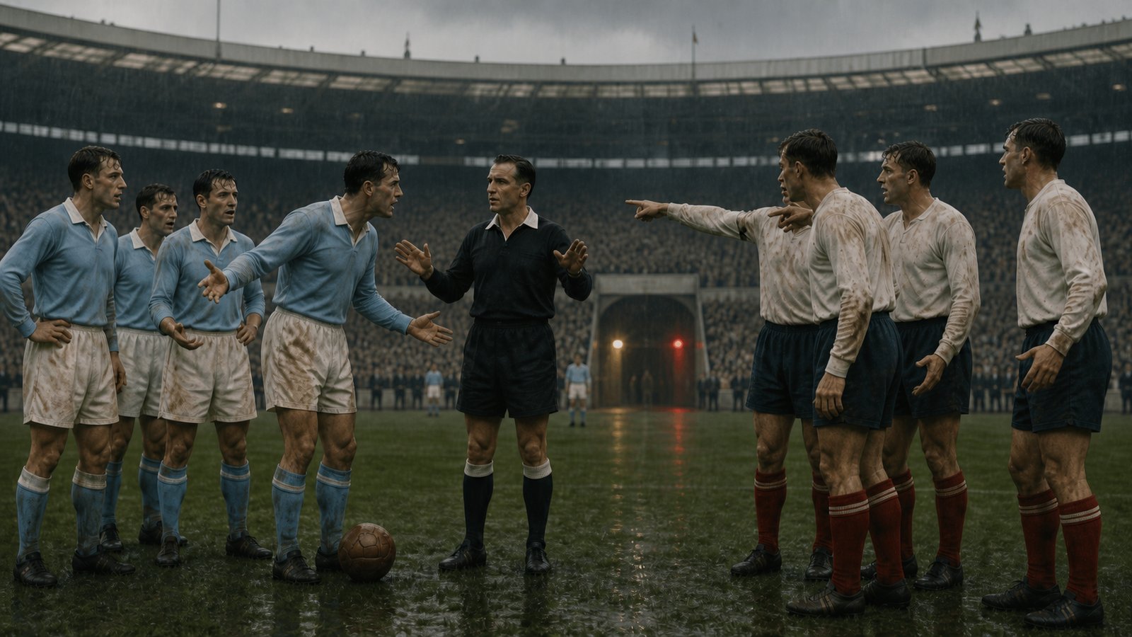 A fictional 1966 international referee confronts a multilingual dismissal inside a packed generic stadium