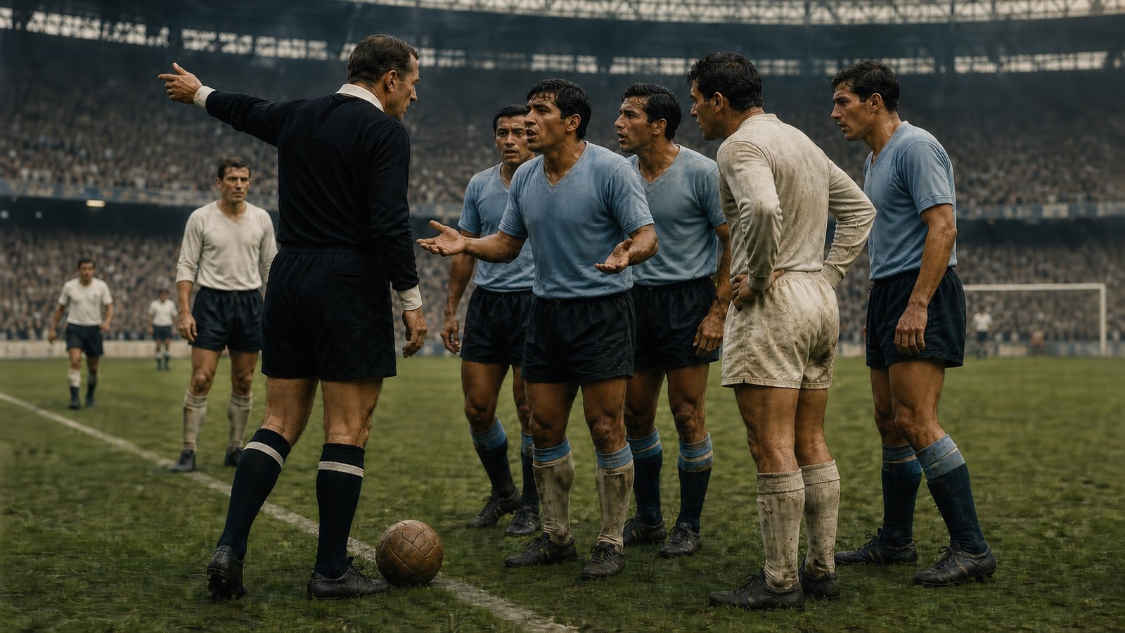 A fictional 1966 international referee tries to communicate a dismissal amid players speaking different languages at a packed generic stadium