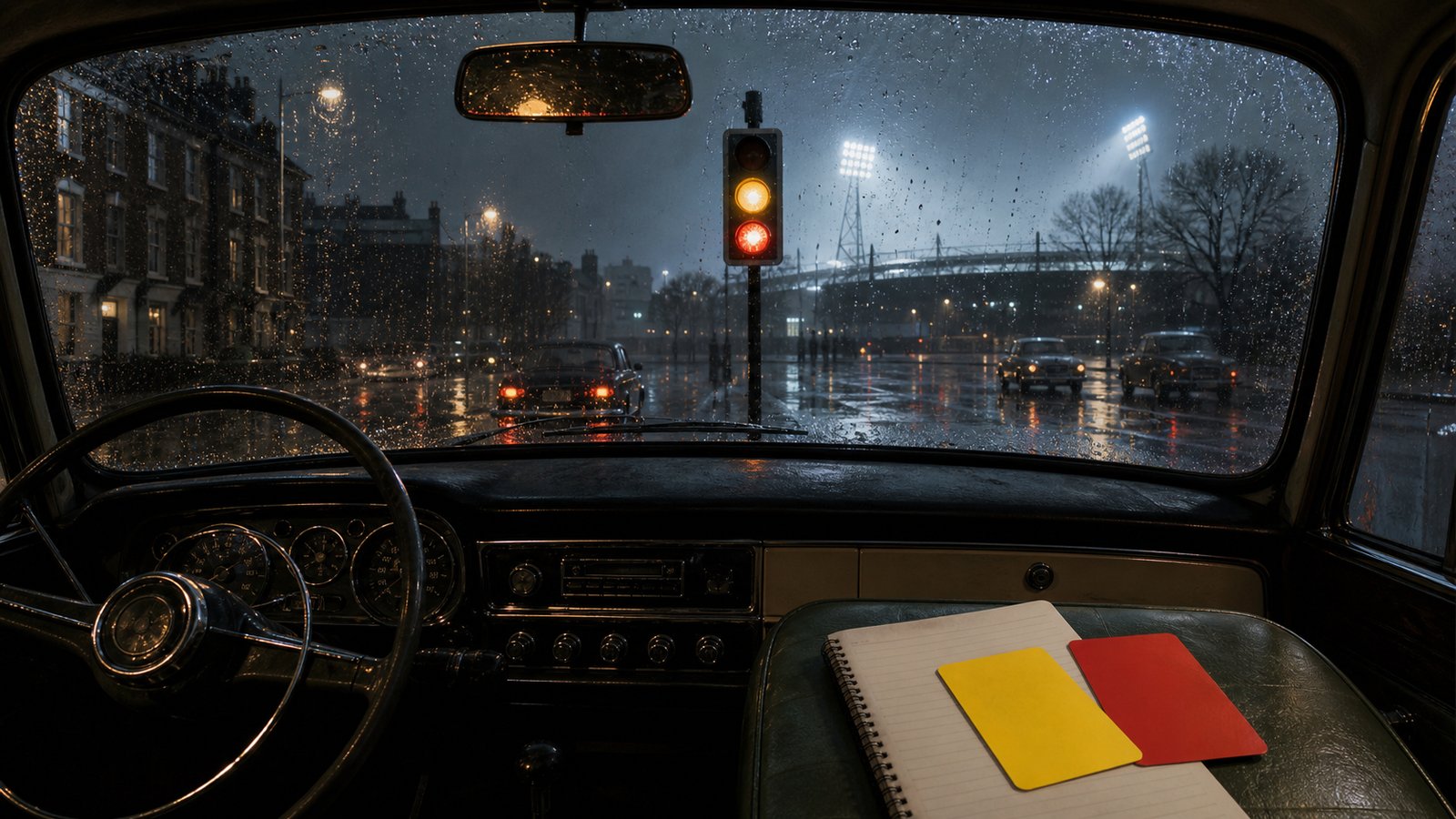 A rain-darkened London traffic signal casts yellow and red light across a referee notebook and two blank coloured cards