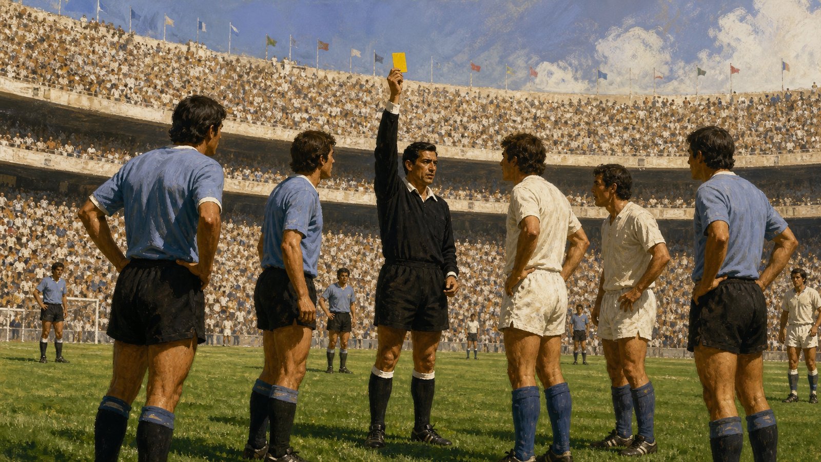 A fictional referee raises a yellow card during a generic 1970 tournament match as players and a distant crowd understand the signal