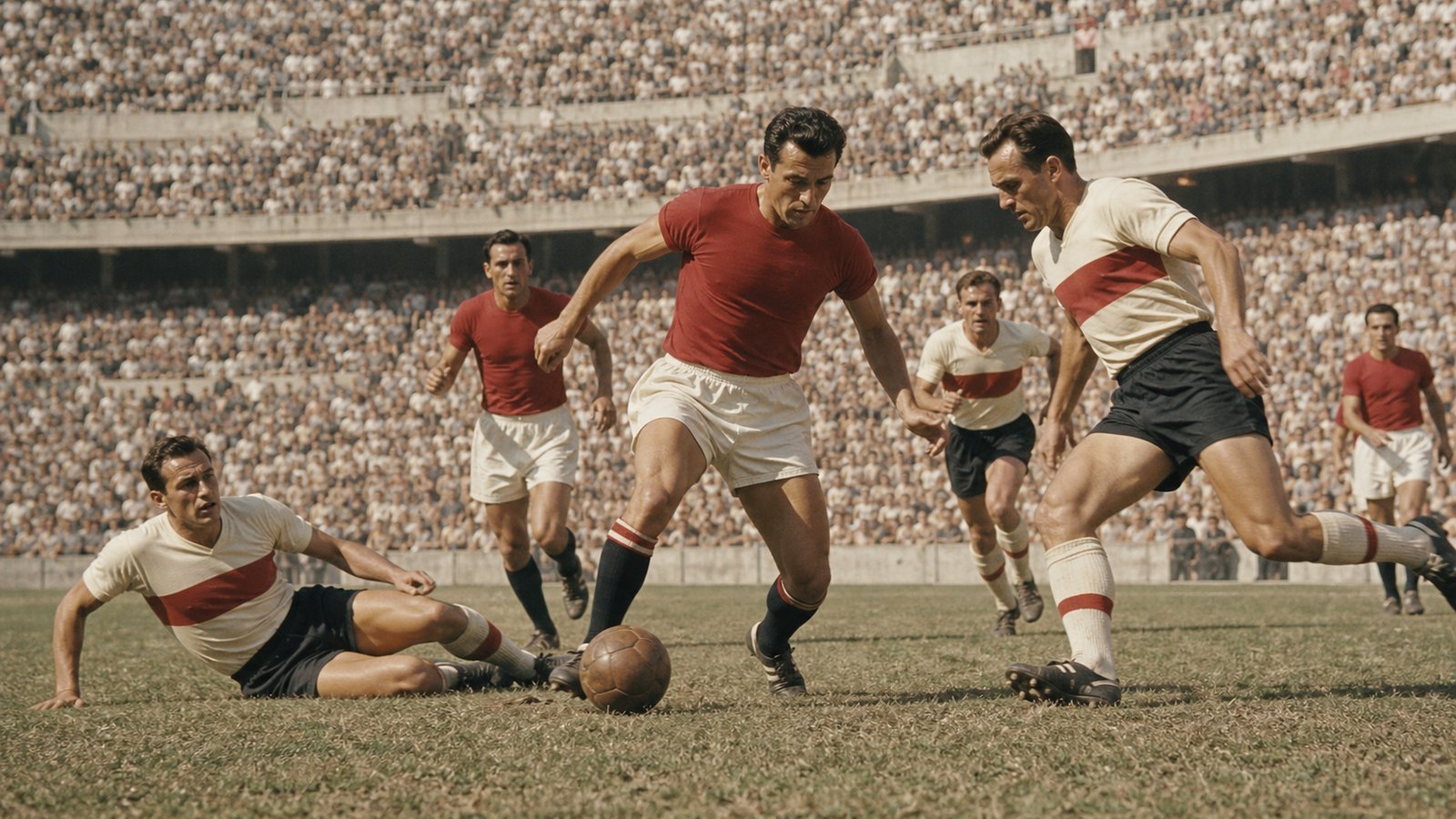 Fictional footballers in plain 1950s kits contest a ball in a packed stadium under severe heat
