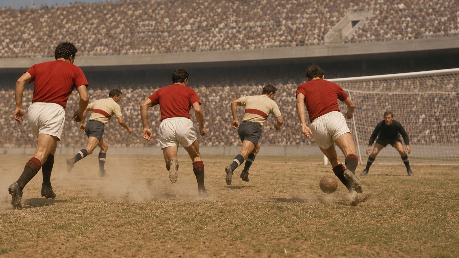 Three fictional players in plain red 1950s kits attack a goal while cream-shirted defenders chase through the heat