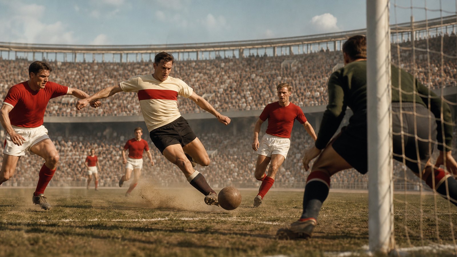 A fictional Austrian forward in a plain 1950s red and white kit finishing during a crowded penalty-area scramble