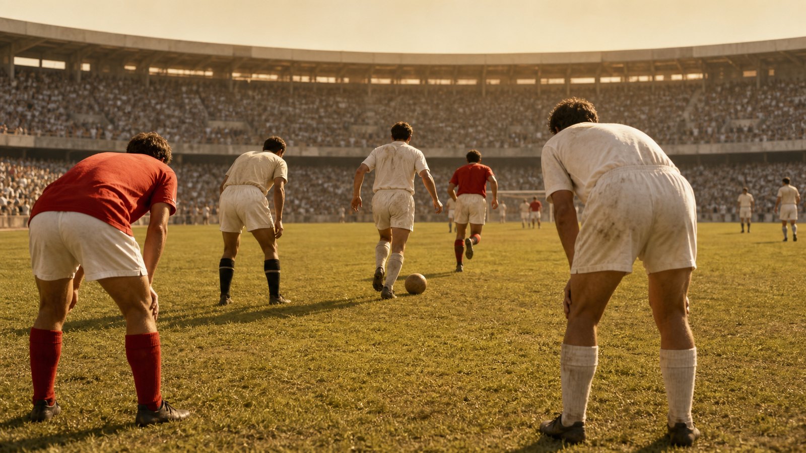 Exhausted fictional footballers in plain 1950s kits spread across a sunlit pitch late in a high-scoring match