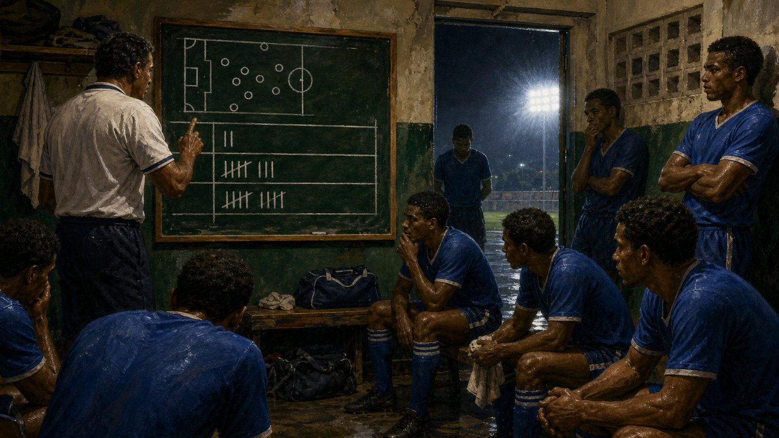 A Caribbean football coach studies a chalkboard showing a three-team group table before a night match